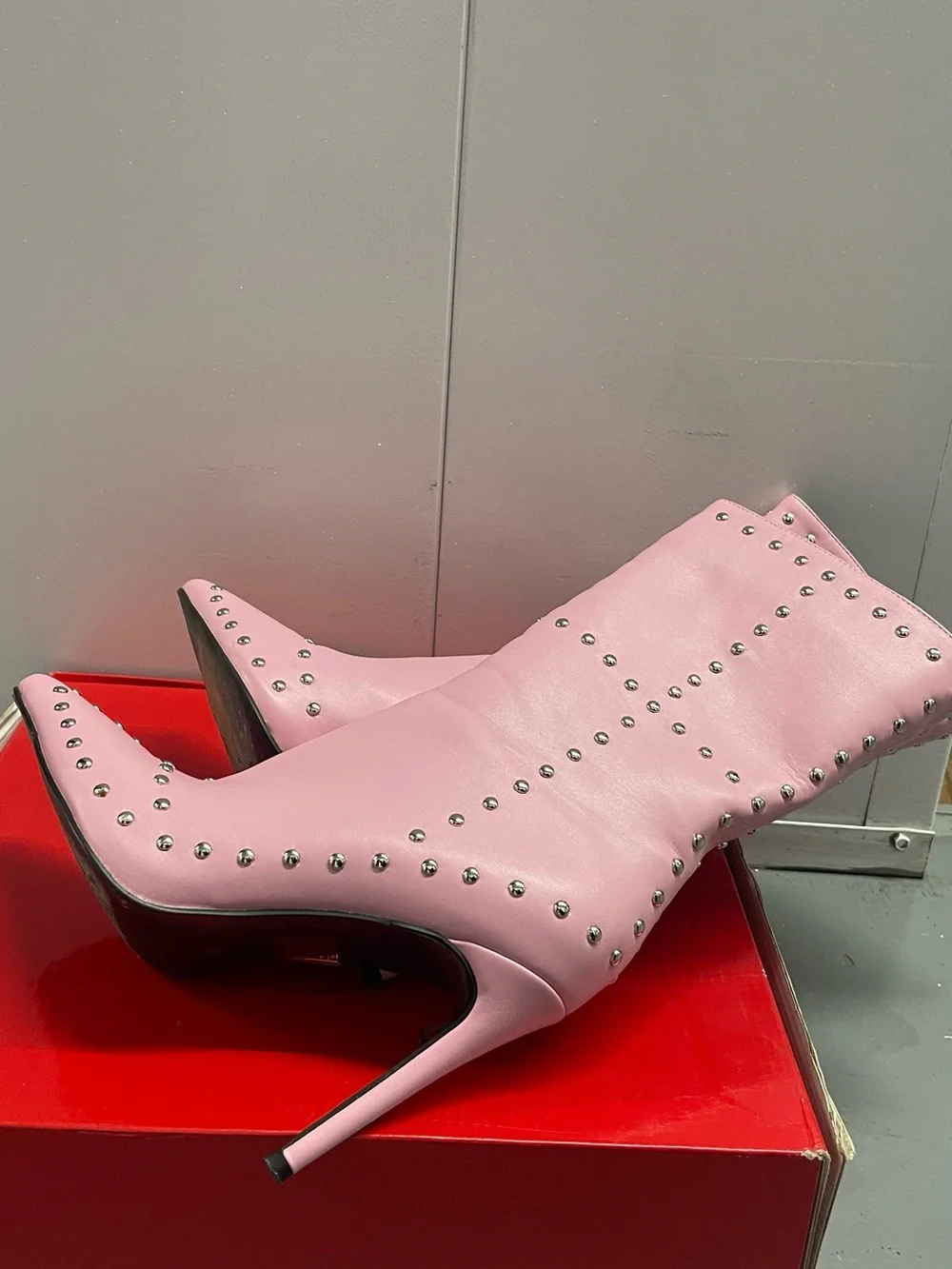 Studded Pink Pointed-Toe Stiletto Ankle Boots